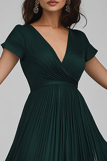 V Neck Dark Green Chiffon A Line Evening Dress